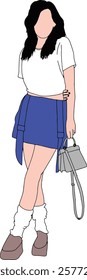 Minimalist illustration of a fashionable woman with a blue skirt, white top, gray bag, and brown shoes. Trendy design emphasizing modern casual fashion with stylish complementary accessories.