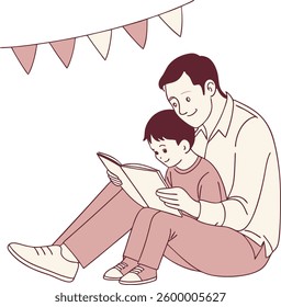  Minimalist illustration of a father and his 3-year-old son reading a picture book together. Pastel colors pink, mint and beige. Father's Day Celebration and concept. Copy space for banner.