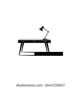 A minimalist illustration features a black wooden desk with drawers and a classic adjustable lamp. The image, rendered in black and white, emphasizes clean lines and geometric shapes.