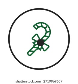 A minimalist illustration features a candy cane design, rendered in simple green lines, adorned with a black bow. Encased within a black circle, the festive imagery evokes christmas holiday themes