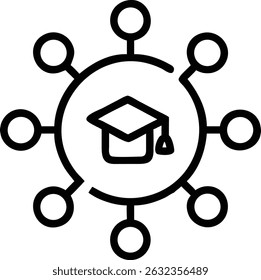 A minimalist illustration features a graduation cap inside a circle, surrounded by connected smaller circles, all in a clean, black outline design.