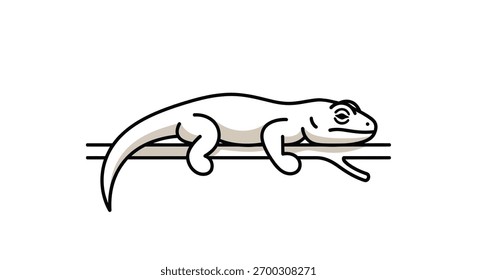 A minimalist illustration features a lizard resting on a branch, outlined with black and filled with neutral tones