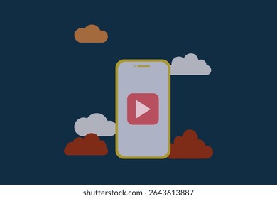 Uma ilustração minimalista apresenta um smartphone com um botão de jogo proeminente em sua tela, definido contra um pano de fundo de nuvens abstratas em cores variadas.
