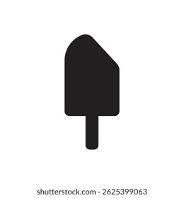 Uma ilustração minimalista apresenta uma silhueta preta sólida de um picolé ou barra de sorvete em uma vara, centrada em um fundo branco.