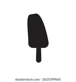 Uma ilustração minimalista apresenta uma silhueta preta sólida de um picolé ou barra de sorvete em uma vara, centrada em um fundo branco.