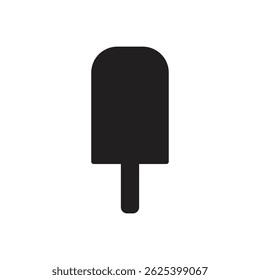 Uma ilustração minimalista apresenta uma silhueta preta sólida de um picolé ou barra de sorvete em uma vara, centrada em um fundo branco.
