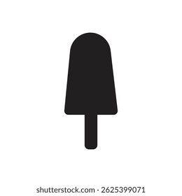 Uma ilustração minimalista apresenta uma silhueta preta sólida de um picolé ou barra de sorvete em uma vara, centrada em um fundo branco.