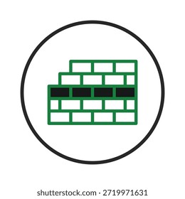 A minimalist illustration features a stylized brick wall with green outlines and black infills, set within a black circular frame. The design conveys themes of construction, security, and