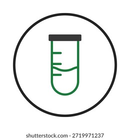Una ilustración minimalista presenta un tubo de ensayo dentro de un marco circular, que simboliza la exploración científica. El diseño representa experimentos de laboratorio, investigación médica y soluciones innovadoras,