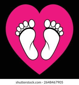 A minimalist illustration features two delicate baby footprints forming a heart shape against a stark black background, symbolizing love and new beginnings.