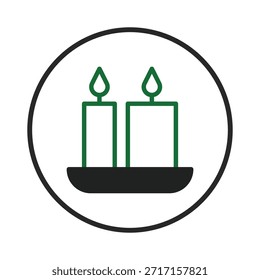 A minimalist illustration features two stylized candles with green outlines, their flames flickering atop black bases. Encased within a circular frame, the image evokes a feeling of warmth and