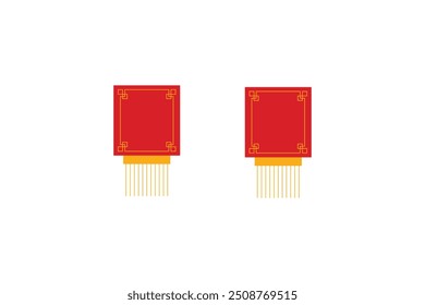 A minimalist illustration features two symmetrical red lanterns with gold decorative borders on a white background. The lanterns are square in shape, each with fine golden tassels hanging