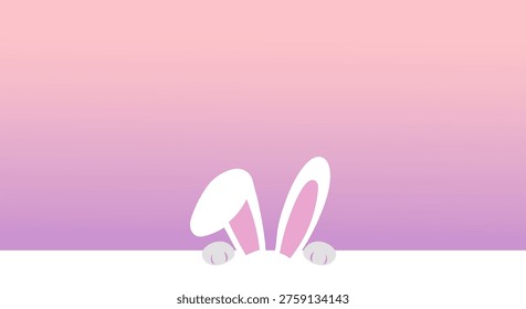 A minimalist illustration features a white rabbit's ears and paws emerging from behind a white surface against a soft pink and purple gradient background