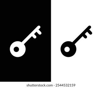 Una ilustración minimalista con una llave negra sobre un fondo blanco y una llave blanca sobre un fondo negro, que representa la dualidad, el minimalismo y los conceptos de seguridad.