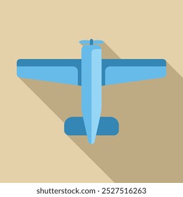 Minimalist illustration featuring a blue airplane flying overhead, casting a long shadow