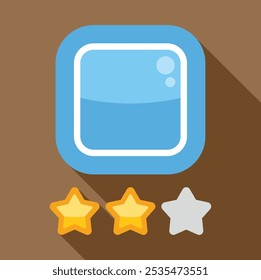Minimalist illustration featuring a blue app icon with a two and a half star rating, set against a brown background