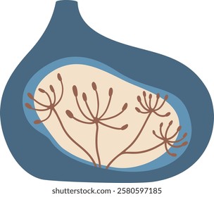 Minimalist illustration featuring a blue vase containing stylized dry flowers, conveying a sense of tranquility and elegance through its simple design and soft color palette