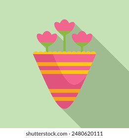 Minimalist illustration featuring bright flowers growing in a pink pot, evoking feelings of springtime and new beginnings