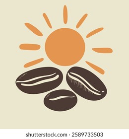 A minimalist illustration featuring a bright sun and three coffee beans, symbolizing the energizing start of a new day with coffee.
