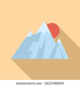 Minimalist illustration featuring a bright sun shining over blue mountains with snowcapped peaks, casting a long shadow