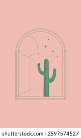 A minimalist illustration featuring a cactus seen through an arched window, set against a celestial night sky with a warm and dreamy aesthetic.