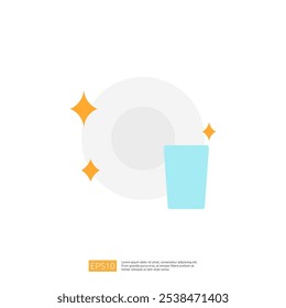 A minimalist illustration featuring a clean plate with sparkling accents and a light blue glass, suggesting cleanliness and readiness for dining.