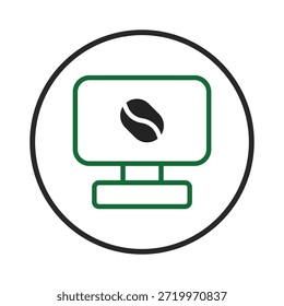 Uma ilustração minimalista com um grão de café exibido em uma tela de monitor, dentro de uma borda circular. Este ícone transmite um conceito moderno adequado para negócios digitais, cafés sites,