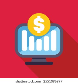 Minimalistische Illustration mit einem Computer, der wachsende Statistiken und ein Dollarzeichen anzeigt und auf finanziellen Erfolg hinweist