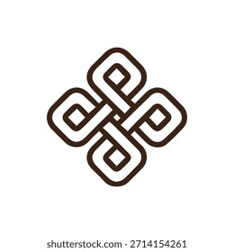 Uma ilustração minimalista com uma linha marrom contínua formando um padrão de nó intrincado simétrico sugerindo harmonia de conexão e design intemporal