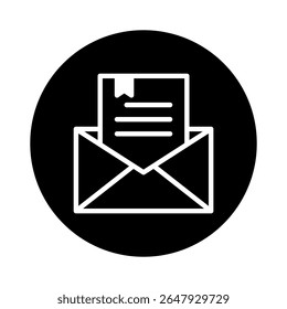 Ilustração minimalista com um envelope contendo uma letra dentro de um círculo preto oferecendo um conceito de comunicação moderno