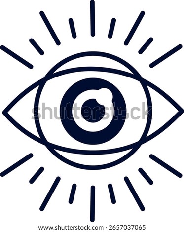 Minimalist illustration featuring an eye radiating beams of light, symbolizing vision, spirituality, enlightenment, and heightened awareness in a captivating and abstract design