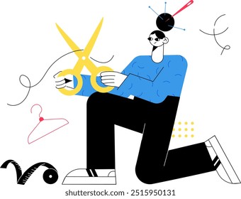 A minimalist illustration featuring a fashion designer cutting thread with oversized scissors, surrounded by sewing tools including a measuring tape, hanger, and sewing pins.