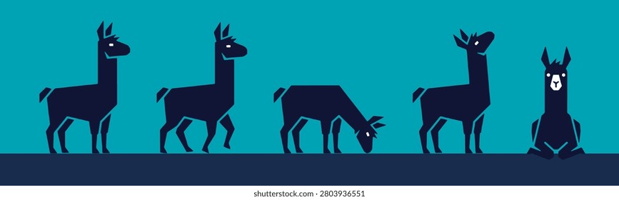 A minimalist illustration featuring five dark blue llamas in silhouette against a teal background. The llamas are depicted in various poses, including standing, walking, grazing, and sitting.
