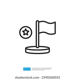 A minimalist illustration featuring a flag on a pole and a star emblem, symbolizing achievement or recognition. Illustration icon
