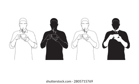 Minimalist illustration featuring four figures, two outlined and two solid, holding steaming coffee cups.