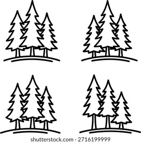 Eine minimalistische Illustration mit vier Gruppen immergrüner Bäume in einem einfachen Linien-Art-Stil, die eine einfache, aber charmante Waldlandschaft zeigt.