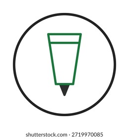 Uma ilustração minimalista apresentando uma representação geométrica de uma caneta ou marcador, envolta por um círculo preto. Este design simples e limpo evoca criatividade, precisão e o ato de trazer