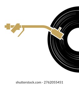 A minimalist illustration featuring a golden record player tonearm positioned over a black vinyl record on a clean white background, evoking classic music and DJ culture.