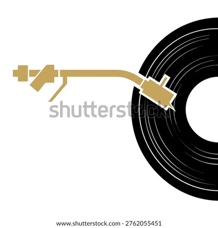 A minimalist illustration featuring a golden record player tonearm positioned over a black vinyl record on a clean white background, evoking classic music and DJ culture.