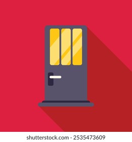 Minimalist illustration featuring a gray front door with yellow glass panels, casting a shadow on a red wall, in flat design style