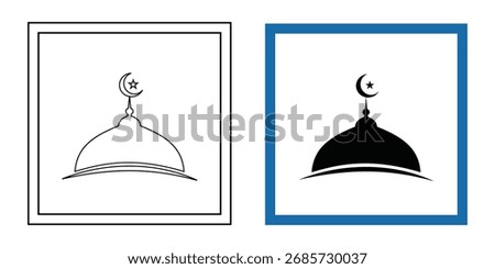 A minimalist illustration featuring a mosque dome silhouette topped with a crescent moon and star, presented on a clean white background with a blue border.