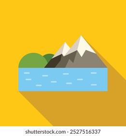 Ilustração minimalista com uma cordilheira com picos nevados refletidos na água de um lago