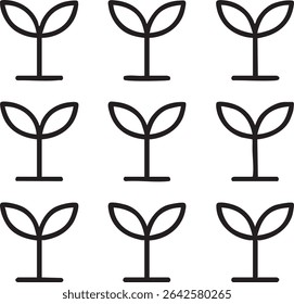 A minimalist illustration featuring nine seedling or sprout icons in a 3x3 grid, rendered in black lines on a white background.