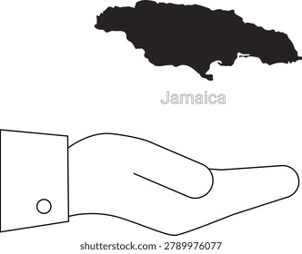A minimalist illustration featuring an open hand in outline form, presenting the dark silhouette of the island nation of Jamaica.