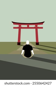 Ilustração minimalista com uma pessoa sentada em frente a um tradicional portão japonês torii. O design geométrico com cores suaves evoca calma, introspecção e reverência cultural.