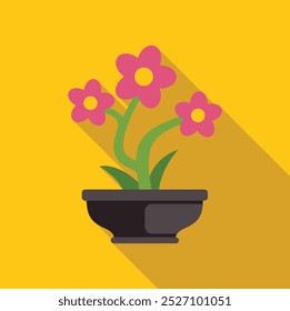 Minimalist illustration featuring pink flowers growing in a pot, set against a vibrant yellow background with a long shadow