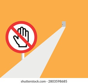 A minimalist illustration featuring a red stop sign with a hand symbol, blocking a light path leading towards a small distant door on a vibrant orange background.