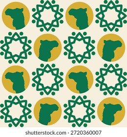 Uma ilustração minimalista com um padrão islâmico simples com silhuetas de urso.
