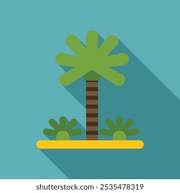 Minimalist illustration featuring a single palm tree growing on a tropical island with a long shadow