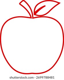 A minimalist illustration featuring a single red outline of an apple with a small leaf and stem against a white background.